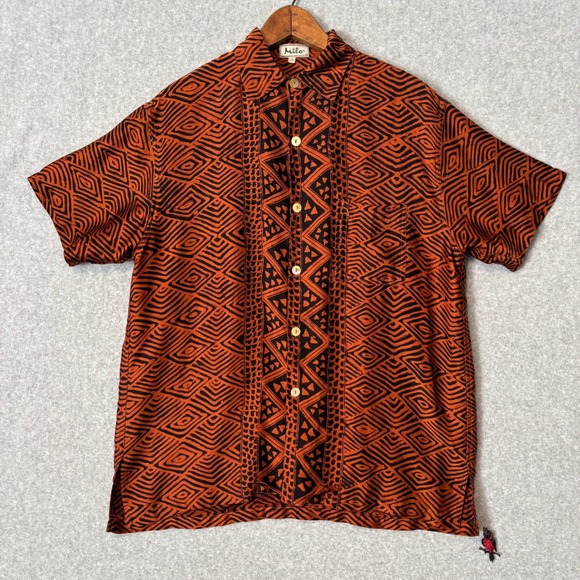 Milo's Other - Milo's Men's S Short Sleeve Button Down Shirt 100% Silk Orange‎ Black Geometric